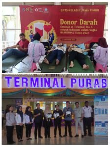 Jelang HUT HARHUBNAS BPTD KELAS II Jawa Timur dan DISHUB terminal Purabaya adakan pengobatan gratis dan donor darah