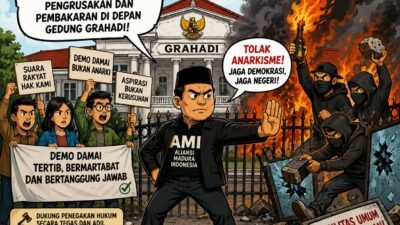 AMI MENGUTUK KERAS TINDAKAN OKNUM MASSA AKSI YANG BERUPAYA MELAKUKAN PENGRUSAKAN DAN PEMBAKARAN DI DEPAN GEDUNG GRAHADI
